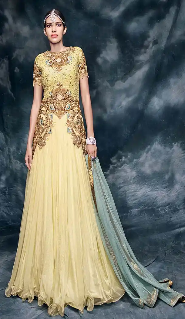 Pakistani Style Designer one Pcs Gown in Yellow and Net | FH573084857