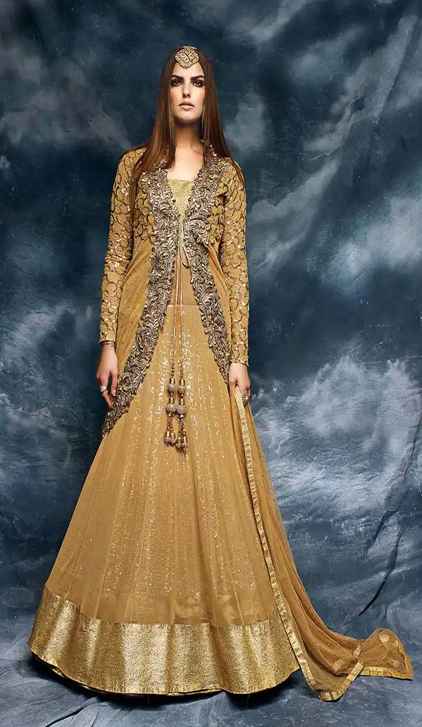 Pakistani Style Designer one Pcs Gown in Tan Brown and Net | FH573084859