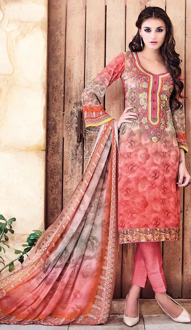 Salmon Color Georgette Printed Straight Cut Salwar Kameez | FH573284868