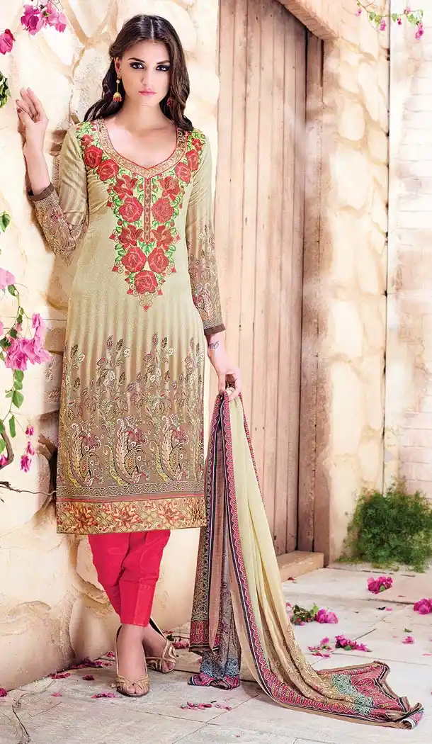 Beige Color Georgette Printed Straight Cut Salwar Kameez | FH573284869
