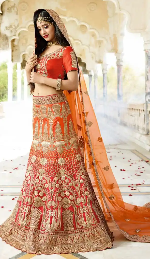Designer Wear Lehenga Choli in Orange Color with Silk and Embroidery | FH573785017