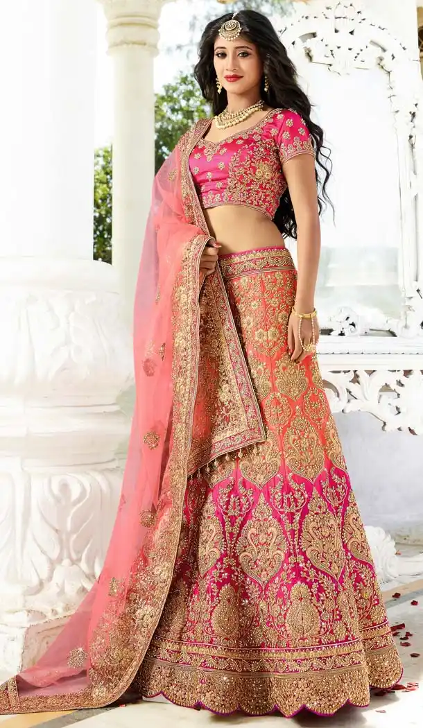 Designer Wear Lehenga Choli in Salmon Color with Silk and Embroidery | FH573785018