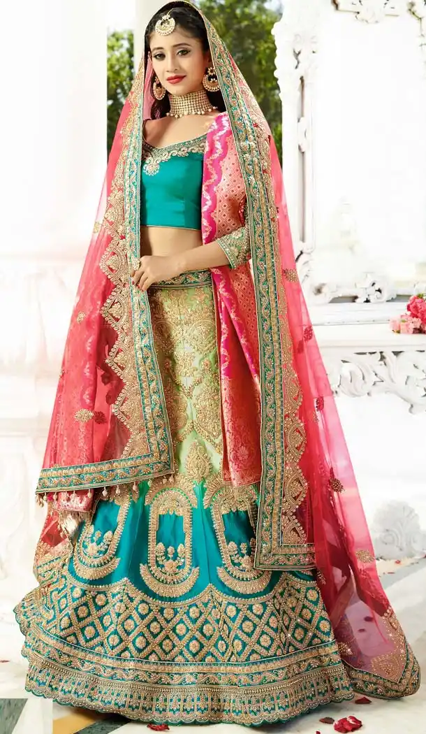 Designer Wear Lehenga Choli in with Silk and Embroidery Greenish Blue Color | FH573785025