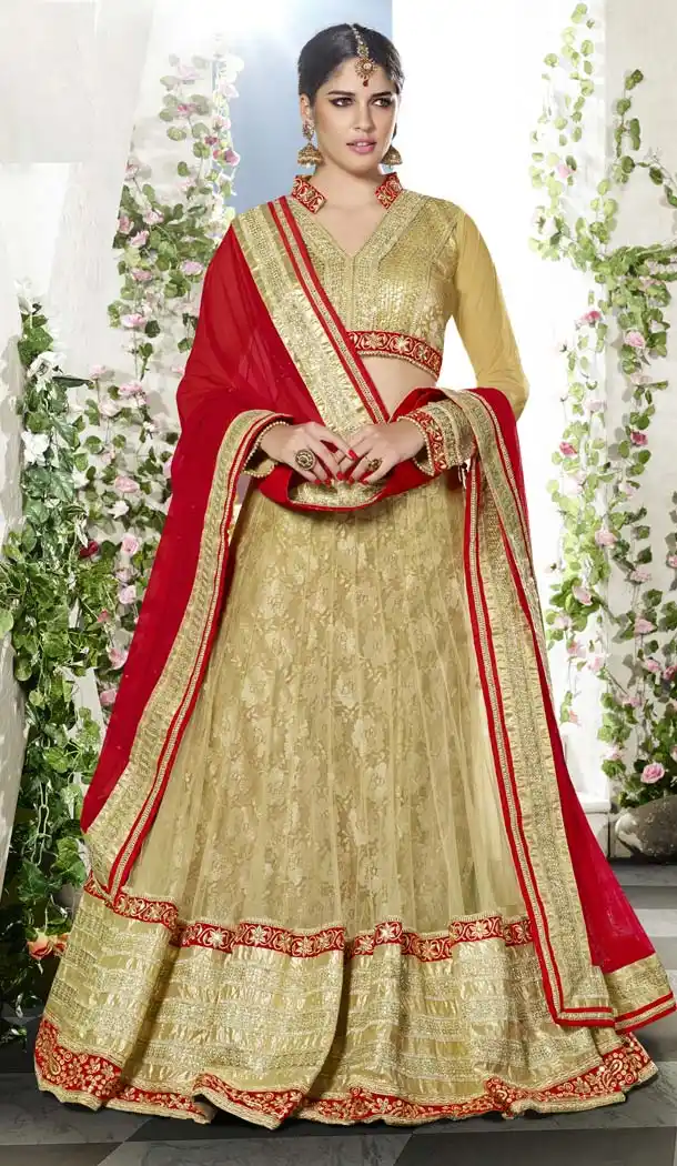 Beige Color Jacquard Net Traditional Wear Circular Lehenga Choli | FH573984934