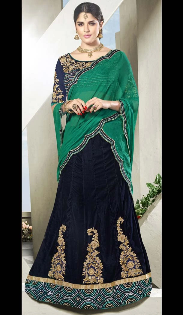 Blue Color Velvet Traditional Wear Circular Lehenga Choli | FH573984937