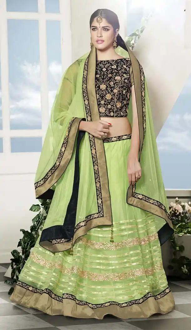 Green Color Net Traditional Wear A Line Lehenga Choli | FH573984941