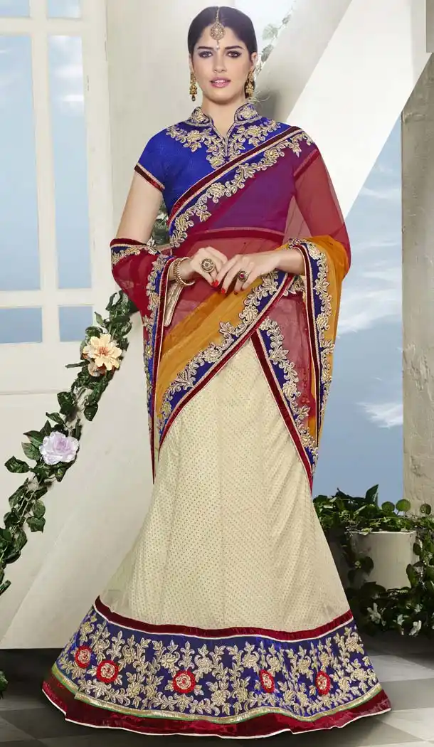 Cream Color Net Traditional Wear A Line Lehenga Choli | FH573984948
