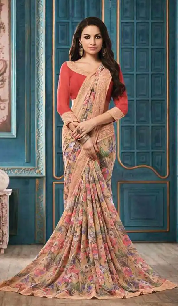 Printed Work Casual Wear Saree in Beige Color and Georgette | FH574185046