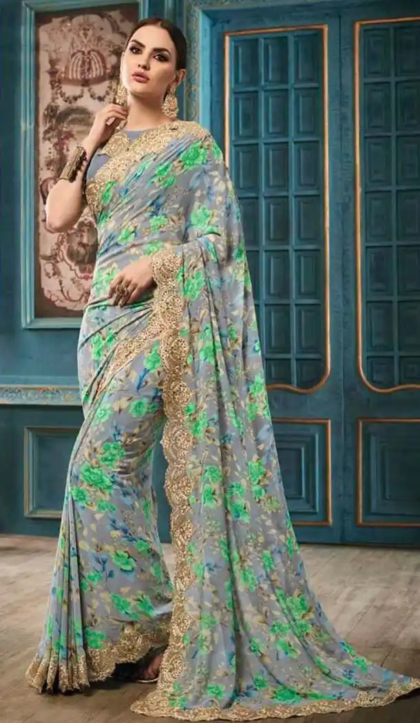 Printed Work Casual Wear Saree in Slate Grey Color and Georgette | FH574185047