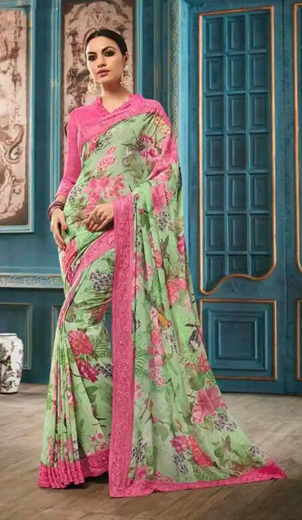 Printed Work Casual Wear Saree in Aloe Vera Green Color and Georgette | FH574185050