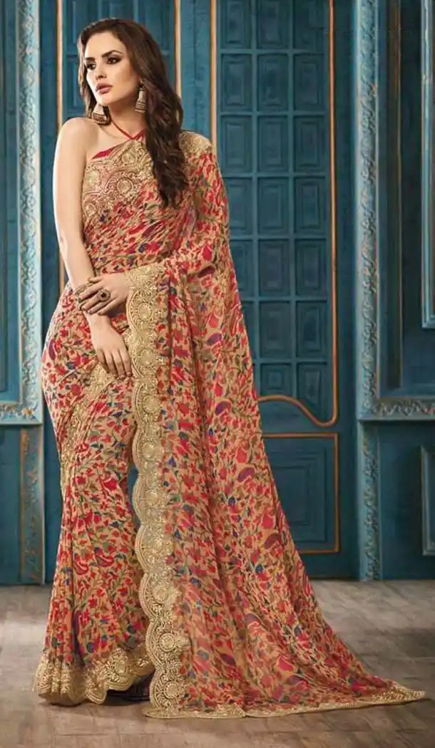 Printed Work Casual Wear Saree in Beige Color and Georgette | FH574185051