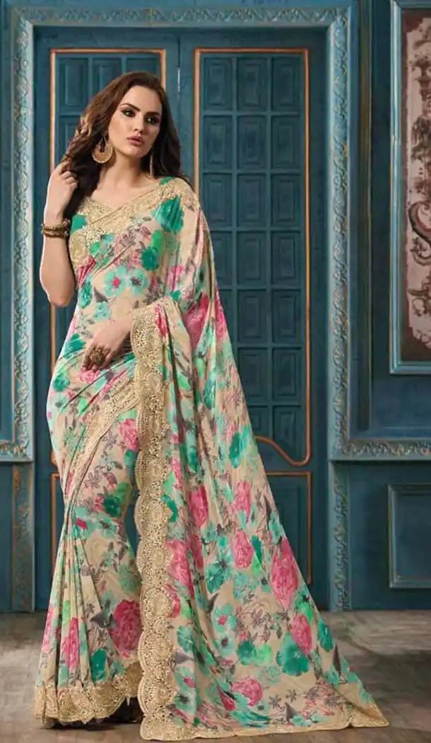 Beige Color and Georgette Printed Work Casual Wear Saree | FH574185052