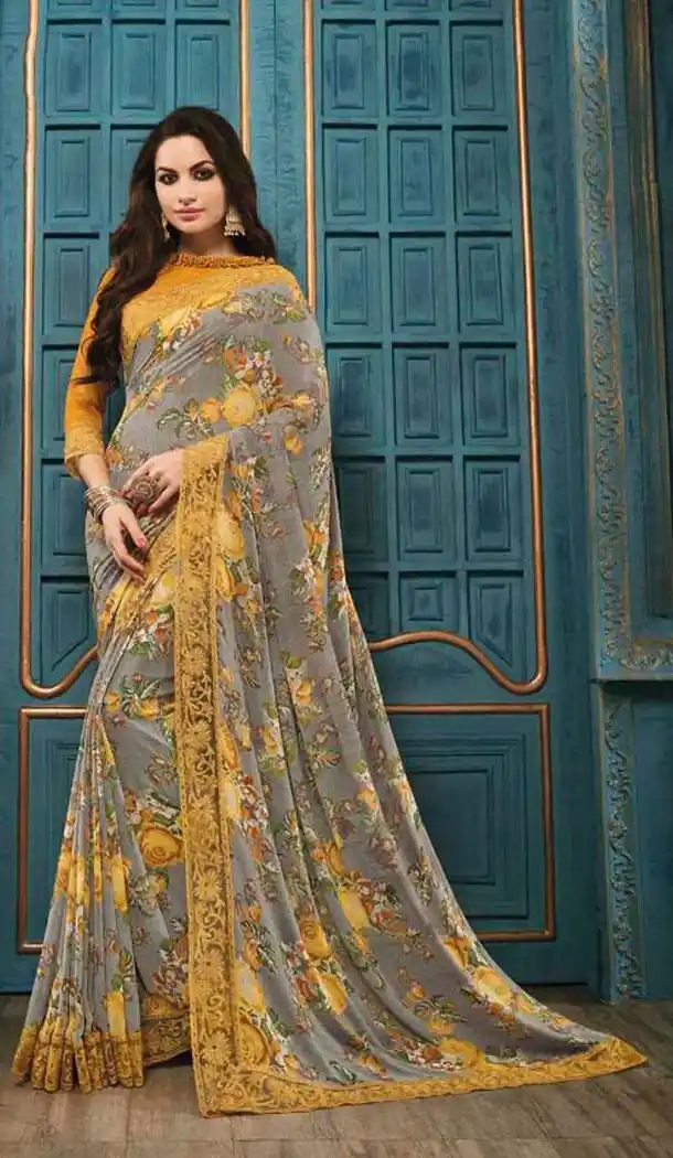 Slate Grey Color and Georgette Printed Work Casual Wear Saree | FH574185053