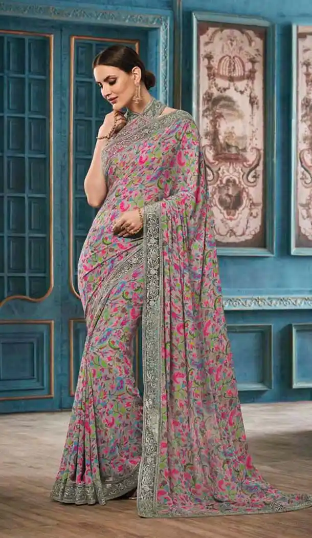 Grey Color and Georgette Printed Work Casual Wear Saree | FH574185054