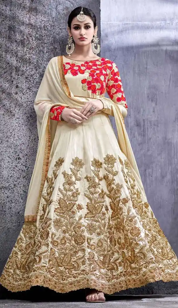 Cream Color Silk Embroidery Anarkali Churidar Kameez | FH574485256