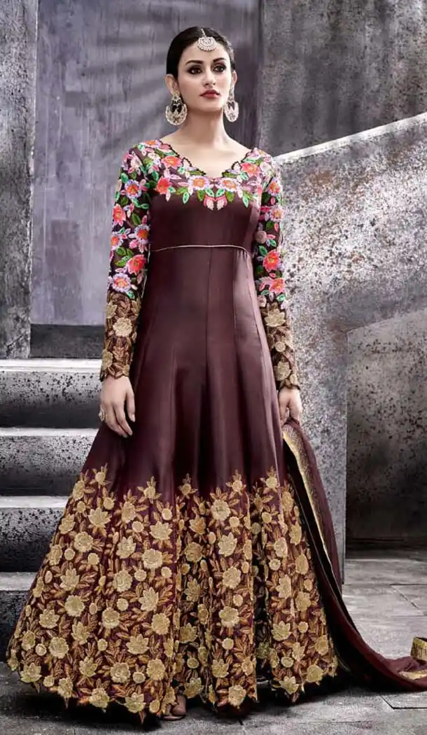 Chocolate Color Silk Embroidery Anarkali Churidar Kameez | FH574485257