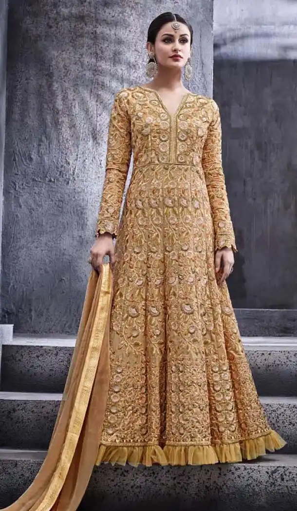 Tan Brown Color Silk Embroidery Anarkali Churidar Kameez | FH574485258