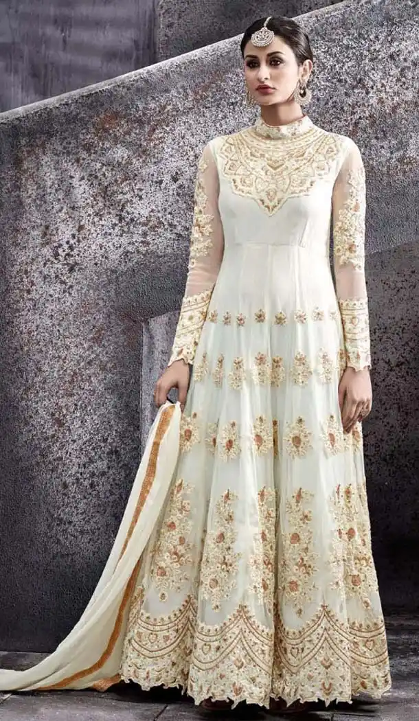 Off White Color Net Embroidery Anarkali Churidar Kameez | FH574485260