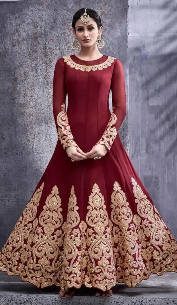 Maroon Color Net Embroidery Anarkali Churidar Kameez | FH574485261