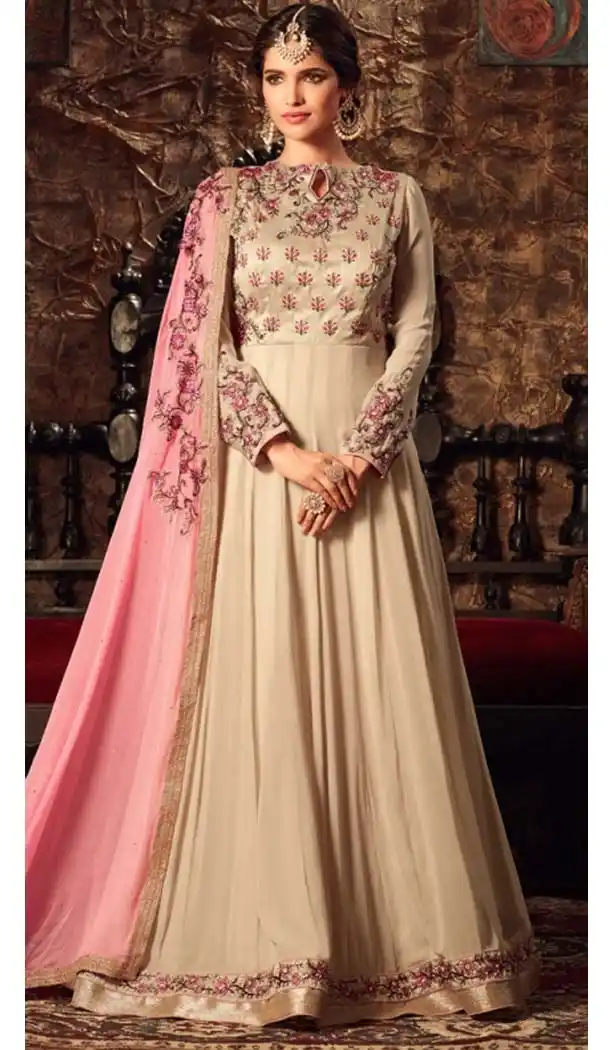 Beige Color Georgette Embroidery Anarkali Churidar Kameez | FH574785078
