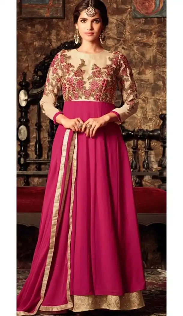 Deep Pink Color Georgette Embroidery Anarkali Churidar Kameez | FH574785080