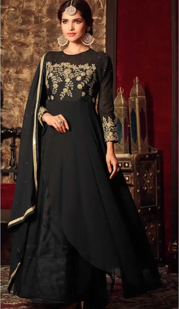 Georgette Black Color Embroidery Anarkali Churidar Kameez | FH574785081