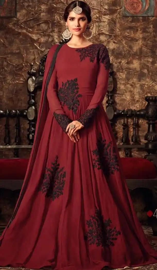 Georgette Maroon Color Embroidery Anarkali Churidar Kameez | FH574785082