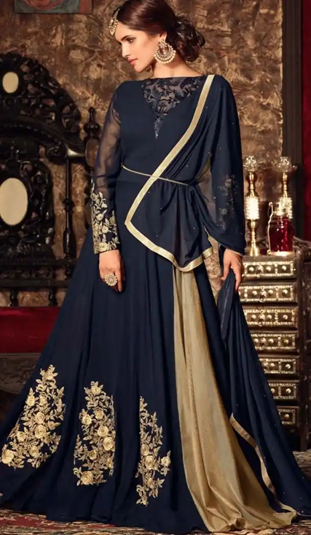 Georgette Blue Color Embroidery Anarkali Churidar Kameez | FH574785083