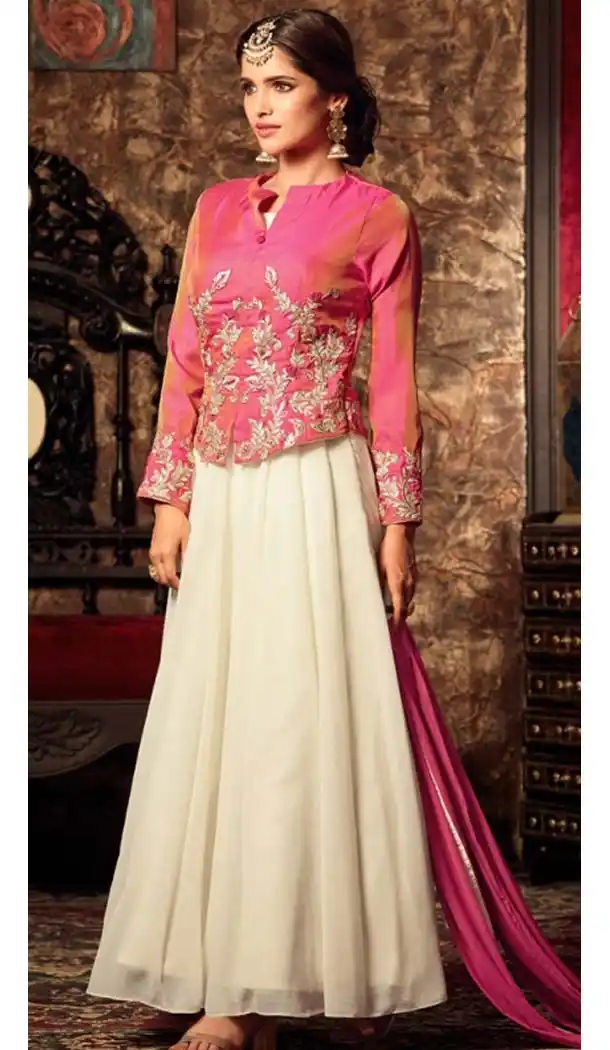 Georgette Pink Color Embroidery Anarkali Churidar Short Kameez | FH574785084