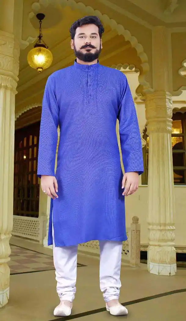Blue Color Cotton Casual Wear Men Readymade Kurta Pajama | FH575585176