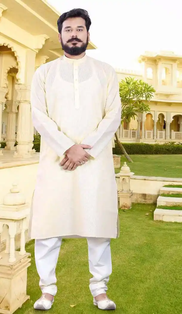 Men Readymade Cotton Cream Color Casual Wear Kurta Pajama | FH575585182
