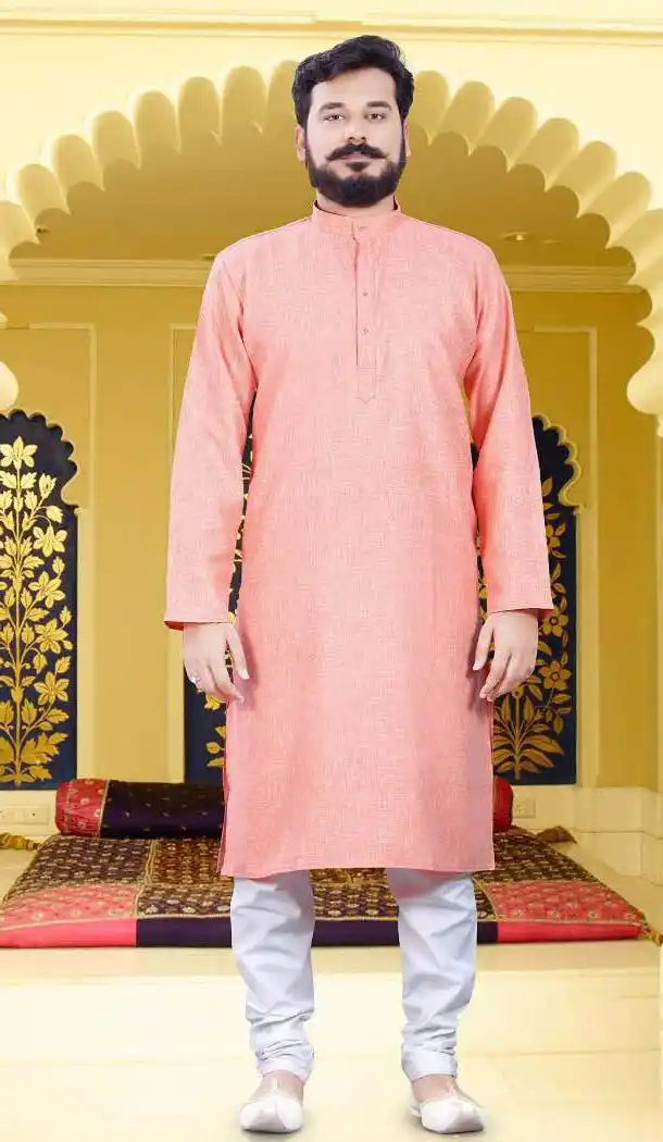 Men Readymade Cotton Salmon Color Casual Wear Kurta Pajama | FH575585183