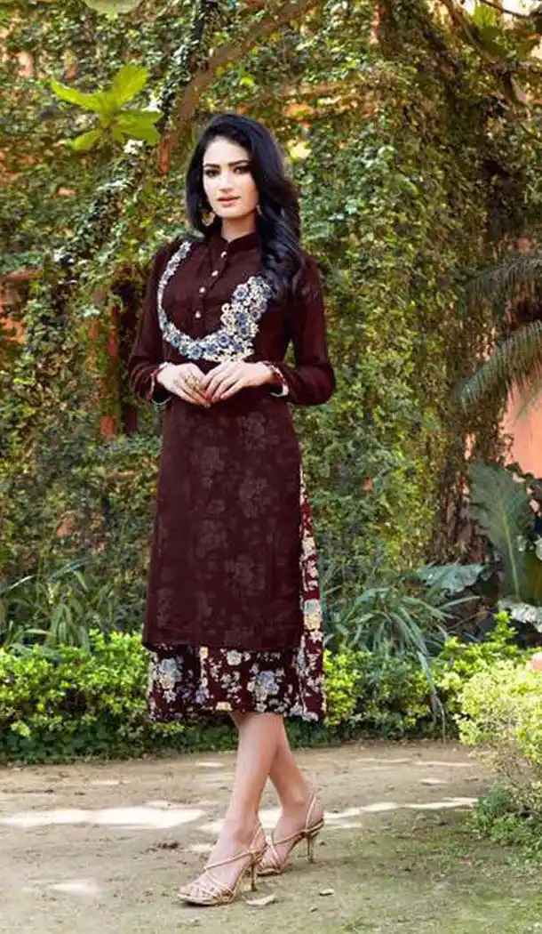 Maroon Color Georgette Straight Readymade Kurti | FH575785198