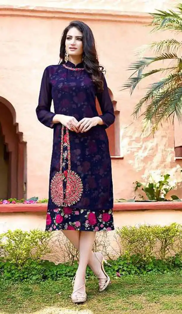 Blue Color Georgette Achkan Readymade Kurti | FH575785201