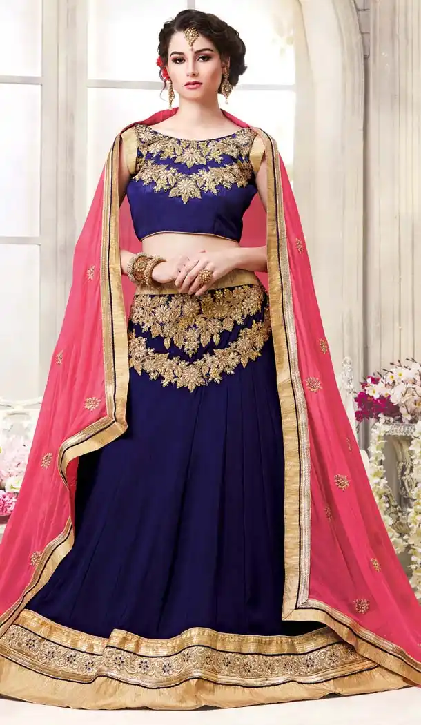Women's Navy Blue Color Georgette Circular Style Treditional Lehenga Choli | FH576285239