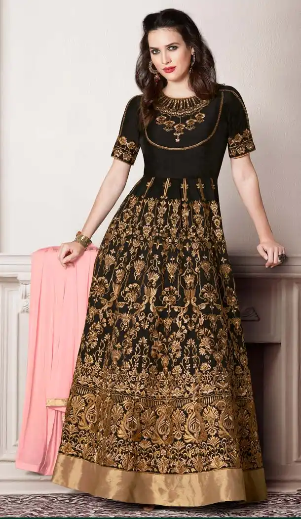 Georgette Black Color Embroidery Anarkali Churidar Kameez | FH576485262