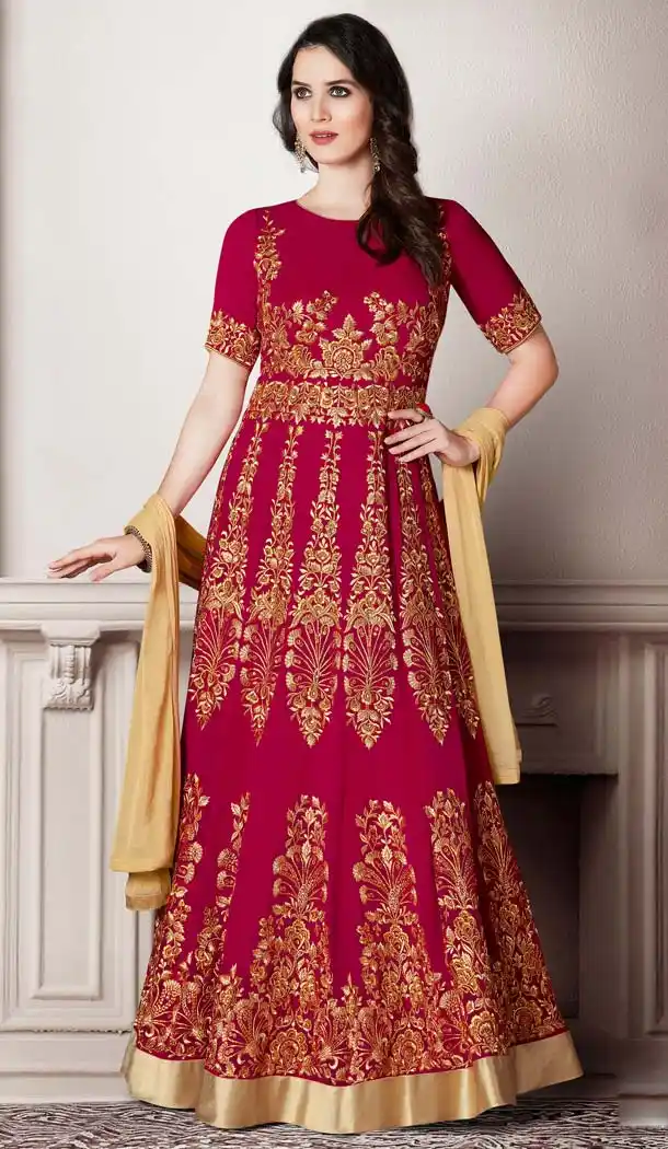 Georgette Deep Pink Color Embroidery Anarkali Churidar Kameez | FH576485264