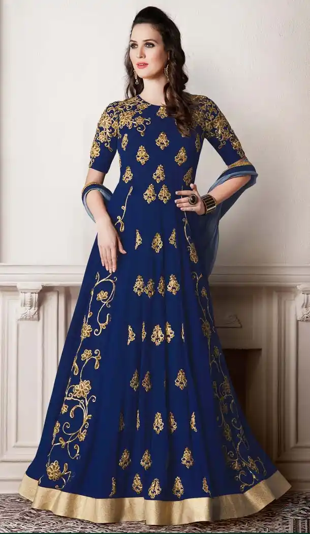 Georgette Blue Color Embroidery Anarkali Churidar Kameez | FH576485265