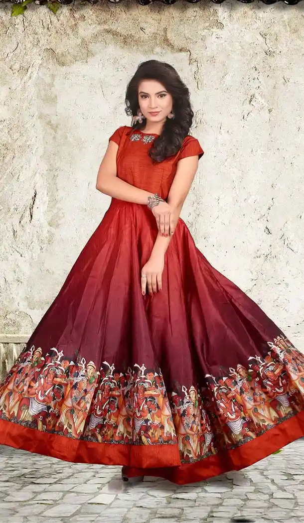 Maroon Color Silk Printed Party Wear Readymade Gown | FH577485348