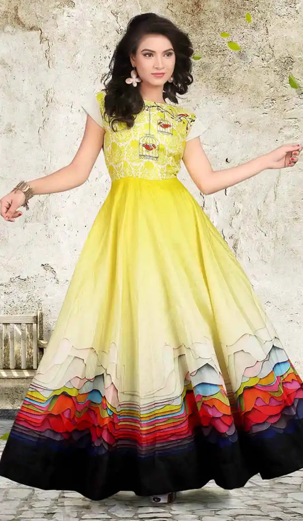 Yellow Color Silk Printed Party Wear Readymade Gown | FH577485350