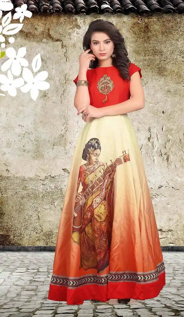 Orange Color Silk Printed Party Wear Readymade Gown | FH577485351