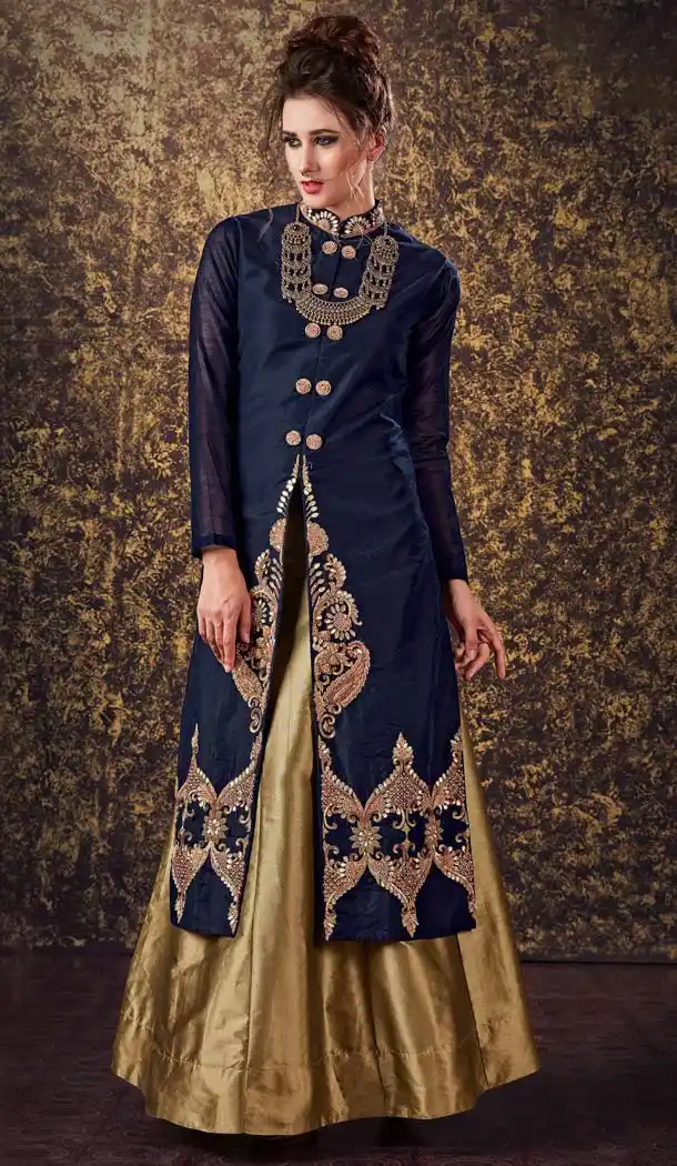 Navy Blue Color Silk Achkan Style Designer Wear Lehenga Suit | FH577585356