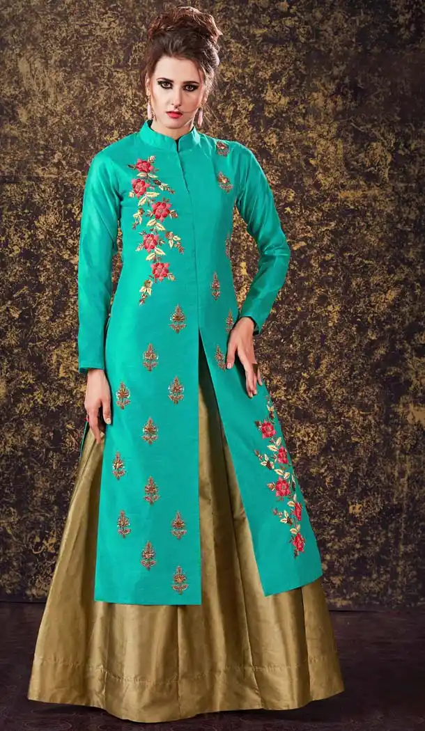 Turquoise Color Silk Achkan Style Designer Wear Lehenga Suit | FH577585357