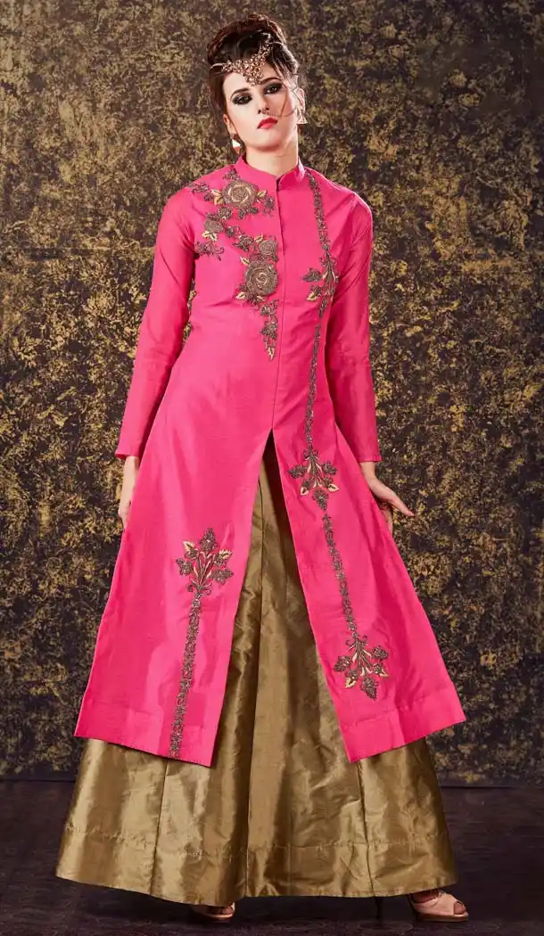 Deep Pink Color Silk Achkan Style Designer Wear Lehenga Suit | FH577585358