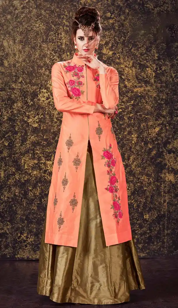 Orange Color Silk Achkan Style Designer Wear Lehenga Suit | FH577585359