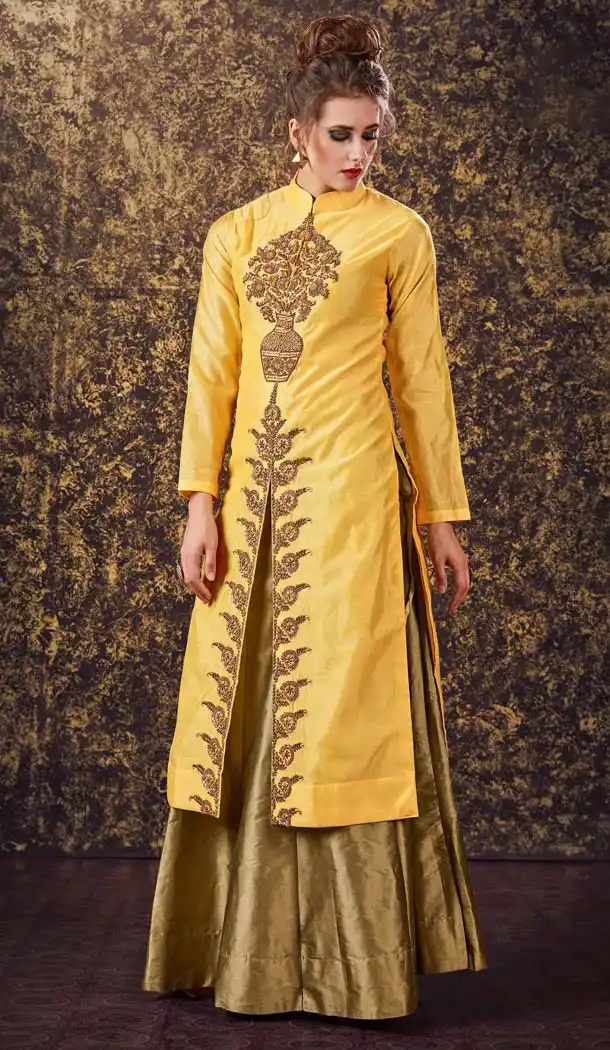 Yellow Color Silk Achkan Style Designer Wear Lehenga Suit | FH577585360