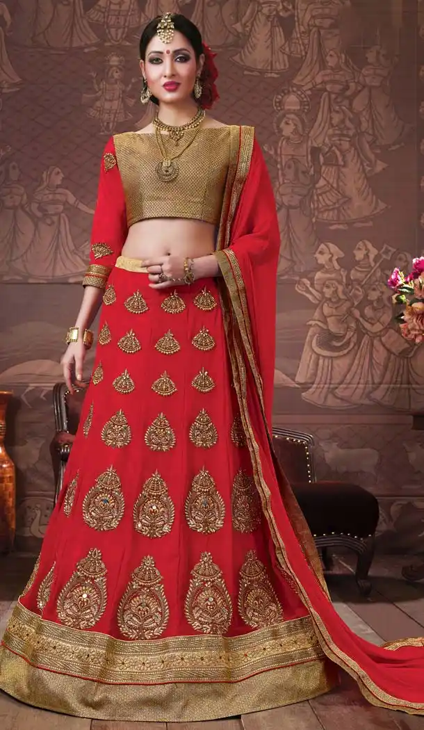 Red Color Georgette Embroidery Work Treditional Lehenga Choli | FH577685369