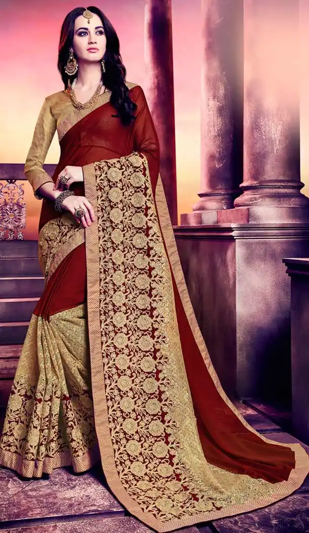 Maroon Color Net Embroidery Casual Wear Saree | FH577785378