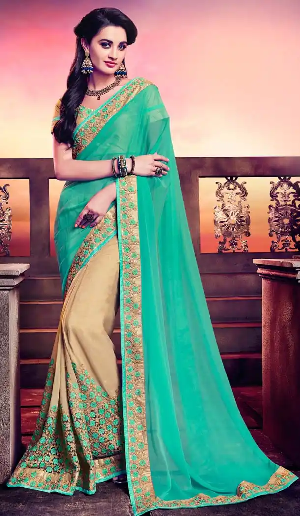 Turquoise Color Georgette Embroidery Casual Wear Saree | FH577785388