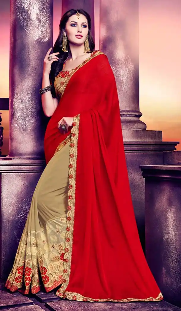 Red Color Georgette Embroidery Casual Wear Saree | FH577785390